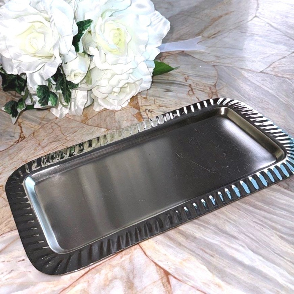 Ross Silver Rectangular Vanity Tray Fluted Border Metallic 9.5x4.5 Made in India